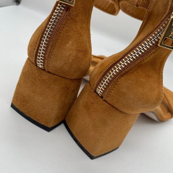 Good American Shoes Sz 5 Tan Suede Ankle Strap Heeled Sandals Block Heel Dressy - Picture 10 of 11